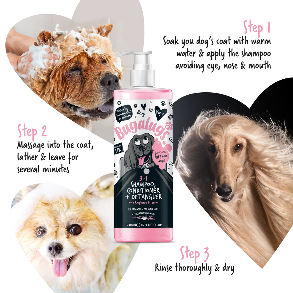 Bugalugs 3-in-1 Raspberry & Lemon Dog Shampoo, Conditioner & Detangler 250ml