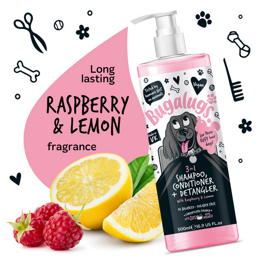 Bugalugs 3-in-1 Raspberry & Lemon Dog Shampoo, Conditioner & Detangler 250ml