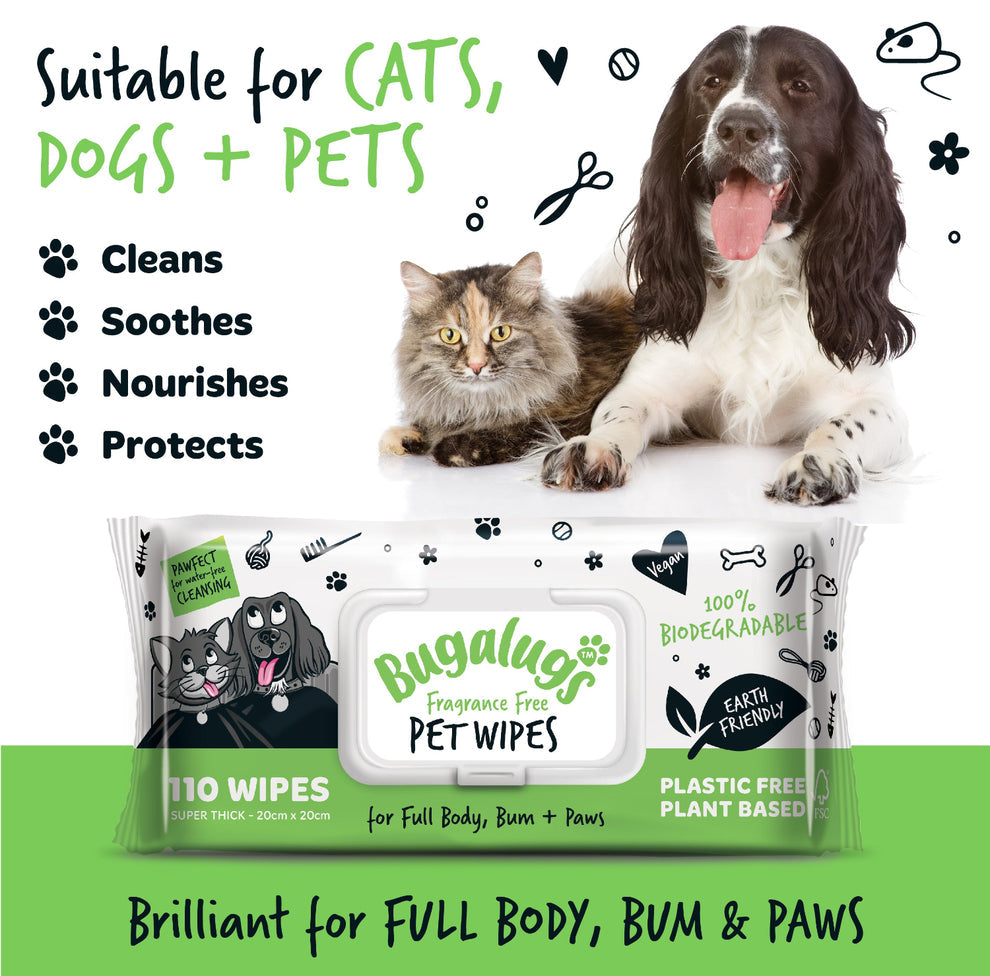 Bugalugs Fragrance Free Pet Wipes for Full Body, Bum & Paws (110 Wipes)