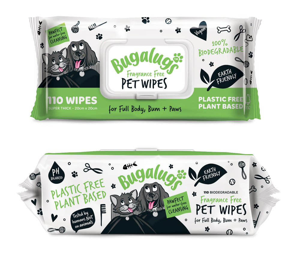 Bugalugs Fragrance Free Pet Wipes for Full Body, Bum & Paws (110 Wipes)