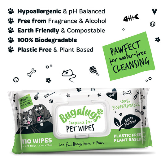 Bugalugs Fragrance Free Pet Wipes for Full Body, Bum & Paws (110 Wipes)