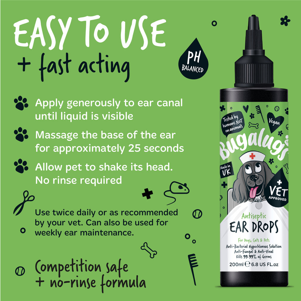 Bugalugs Antiseptic Ear Drops for Dogs, Cats & Pets 200ml