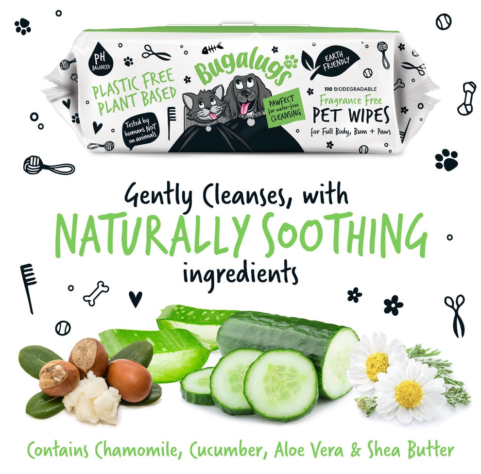 Bugalugs Fragrance Free Pet Wipes for Full Body, Bum & Paws (110 Wipes)