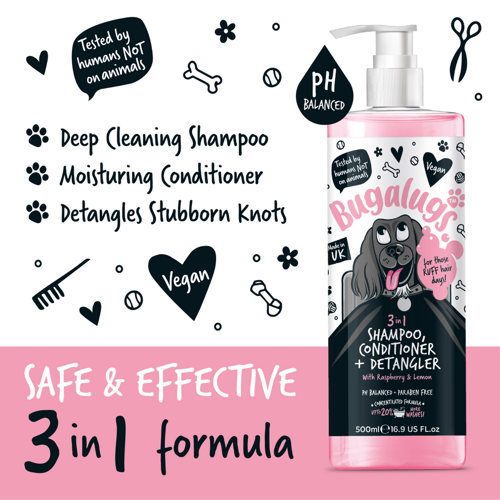 Bugalugs 3-in-1 Raspberry & Lemon Dog Shampoo, Conditioner & Detangler 250ml
