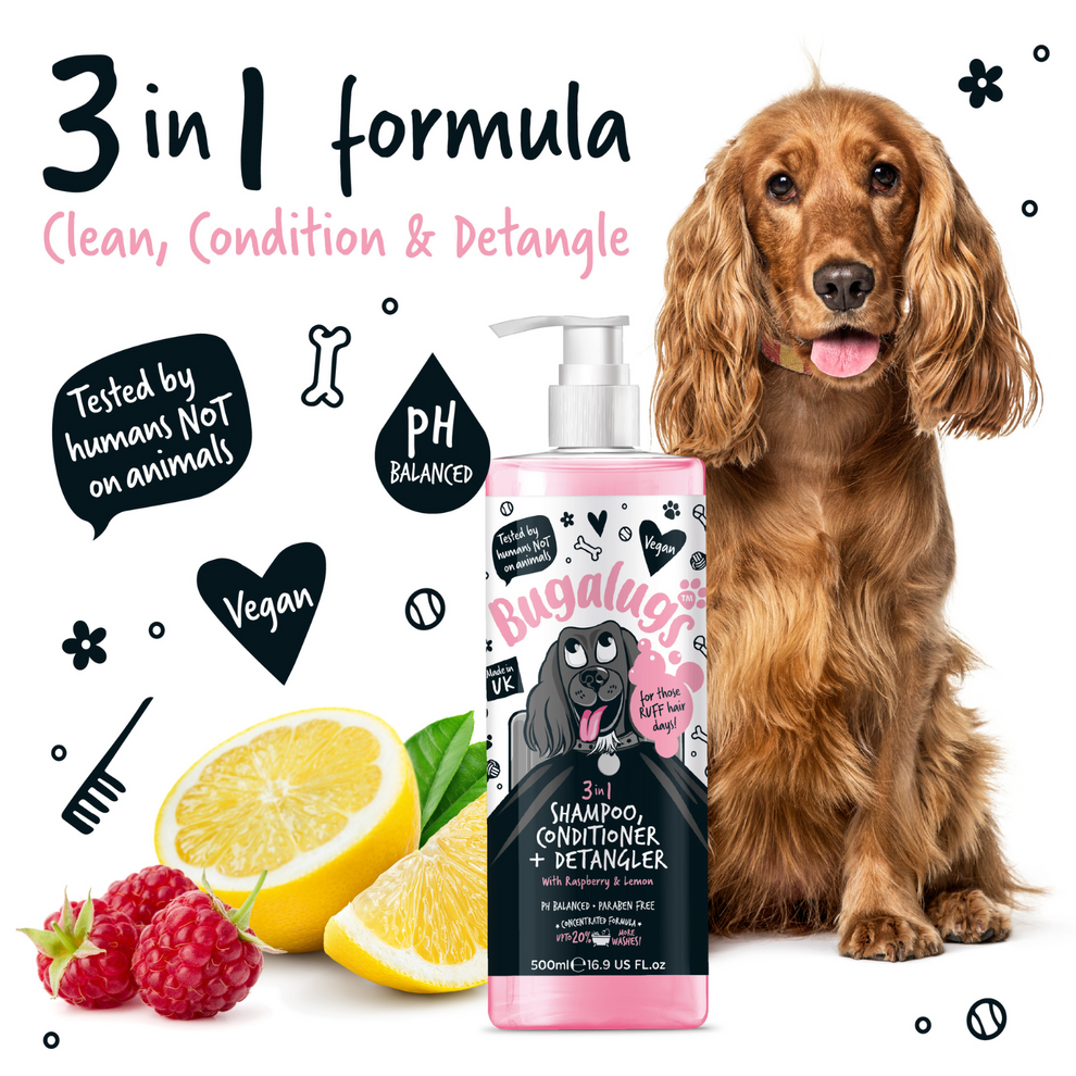 Bugalugs 3-in-1 Raspberry & Lemon Dog Shampoo, Conditioner & Detangler 250ml
