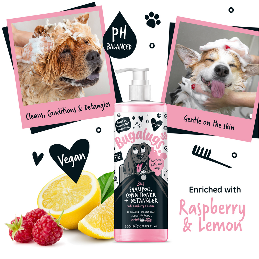 Bugalugs 3-in-1 Raspberry & Lemon Dog Shampoo, Conditioner & Detangler 250ml
