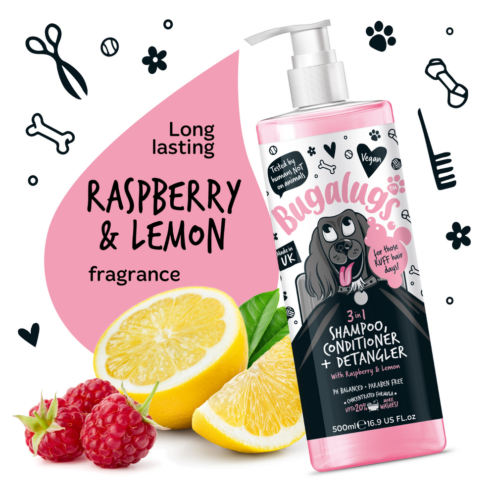 Bugalugs 3-in-1 Raspberry & Lemon Dog Shampoo, Conditioner & Detangler 250ml