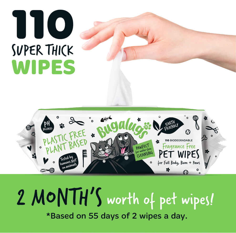 Bugalugs Fragrance Free Pet Wipes for Full Body, Bum & Paws (110 Wipes)