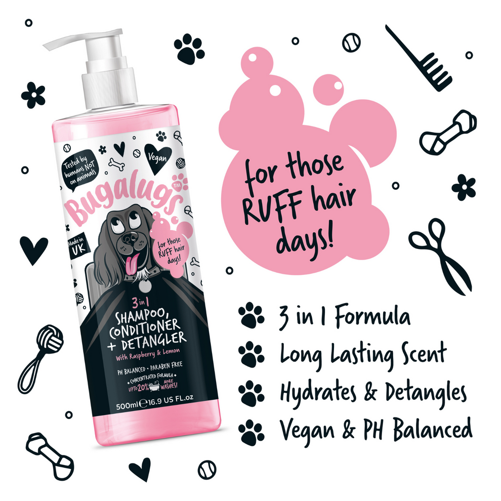 Bugalugs 3-in-1 Raspberry & Lemon Dog Shampoo, Conditioner & Detangler 250ml